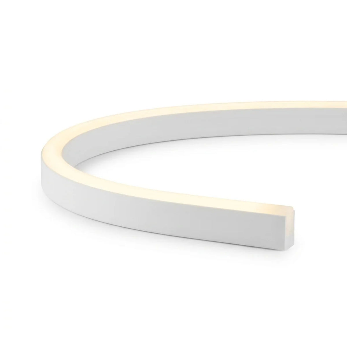 Curved linear LED neon light with white glowing diffuser and gray side housing cap