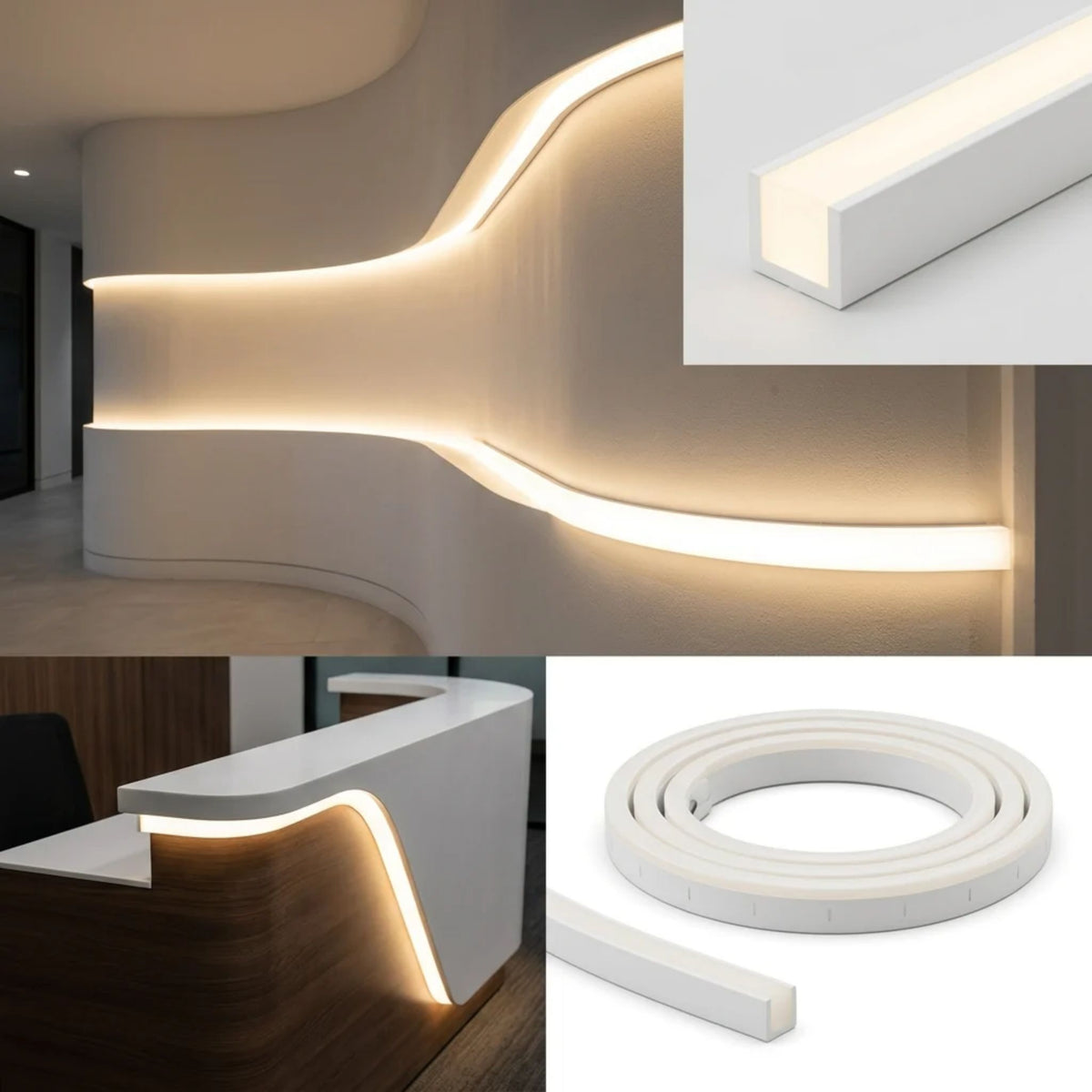 White side-bend neon linear LED light channel with warm glow, rectangular profile