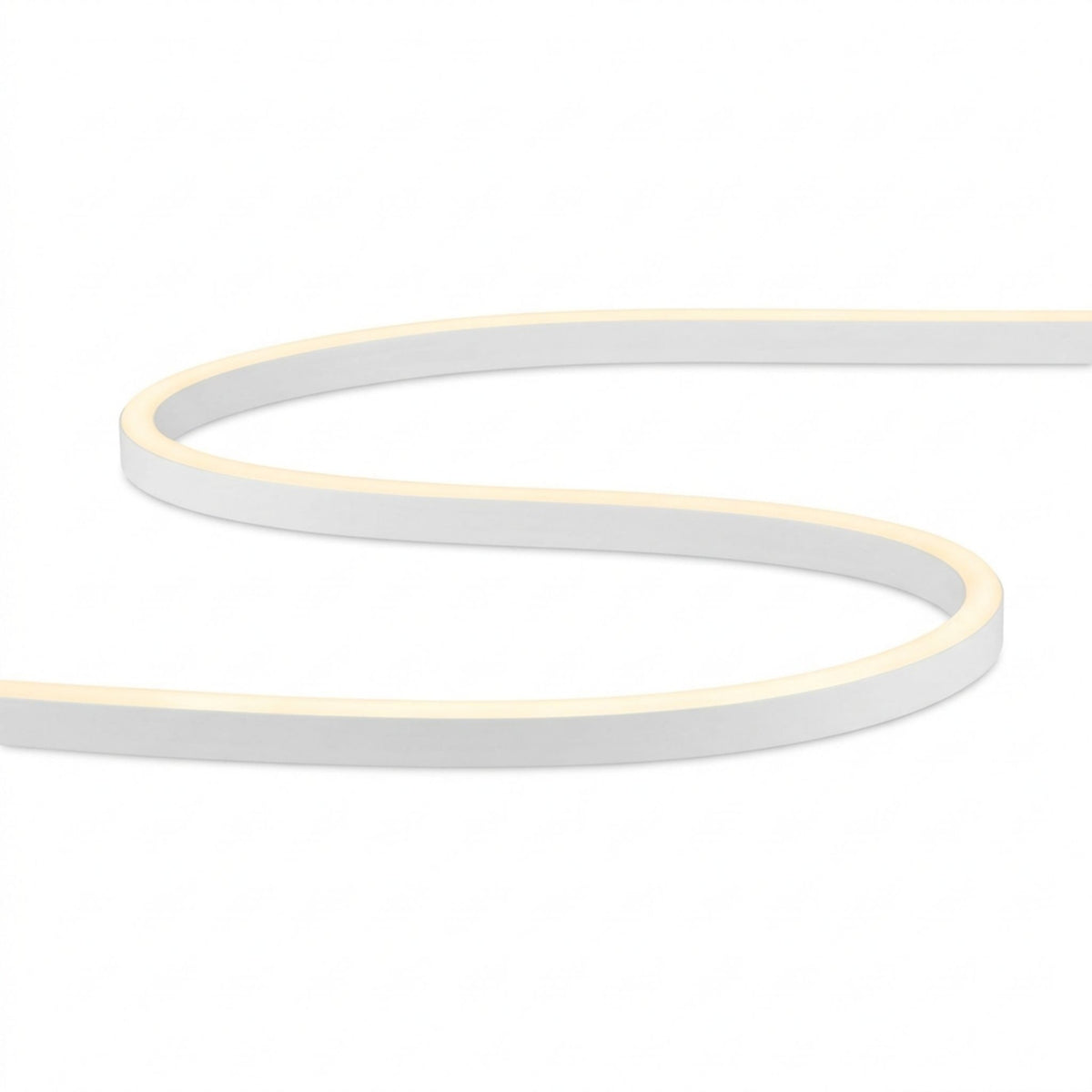 Curved linear LED neon light shown from side angle with white inner glow strip