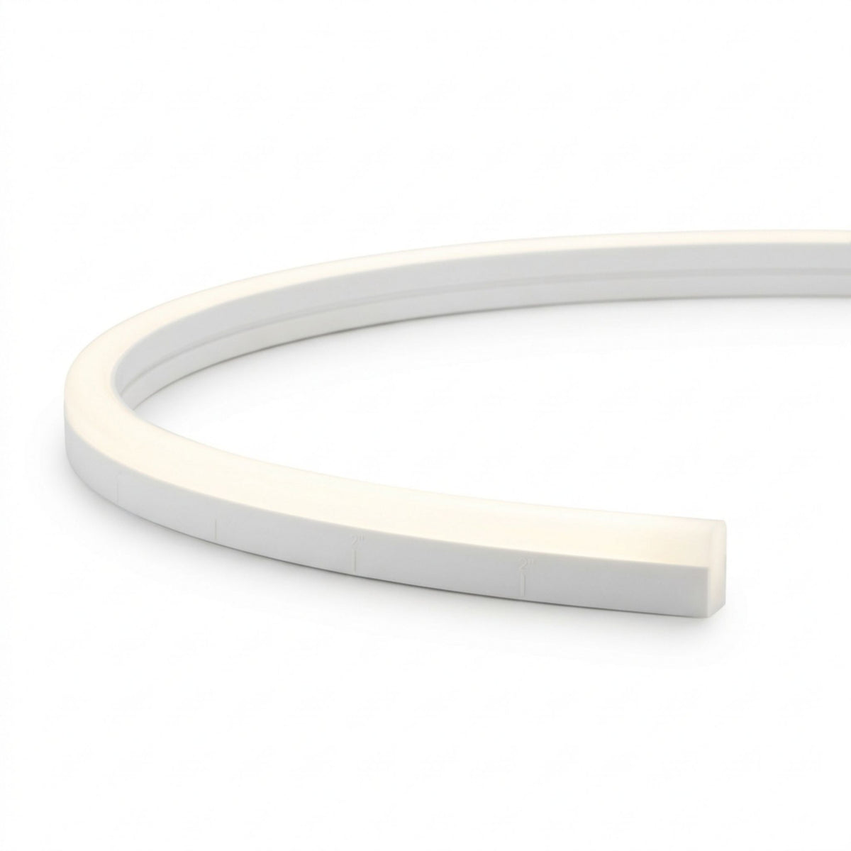 Curved linear LED neon light with white diffused edge glow and gray housing