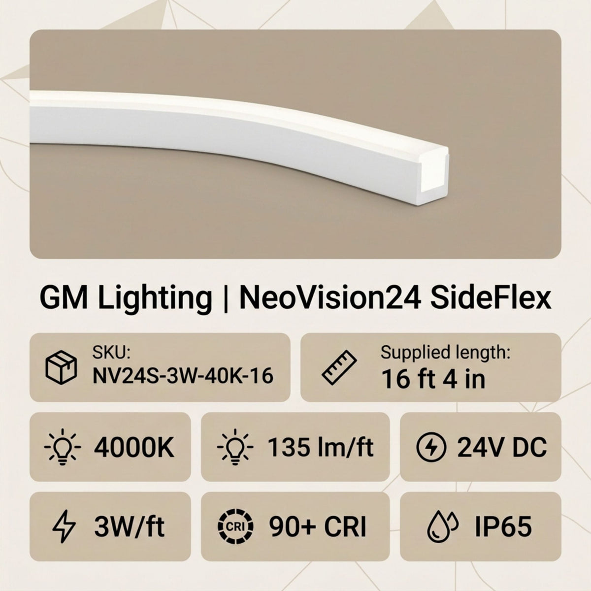NeoVision24 SideFlex linear LED light strip with side-bend channel, white glow