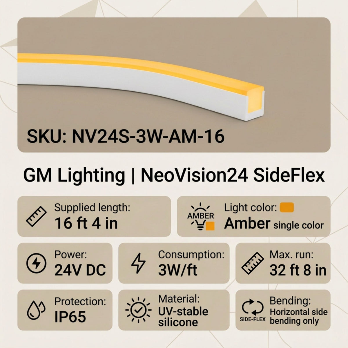Amber neon linear light strip shown in profile with white housing and rectangular end