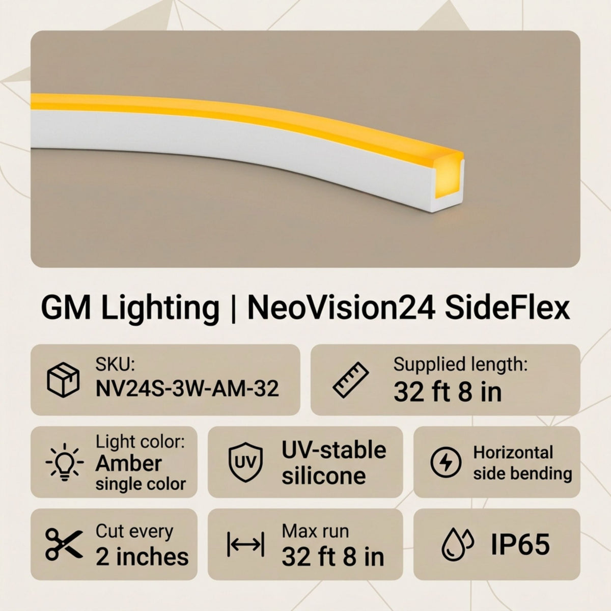 Amber linear light strip in white housing, shown in a straight side profile