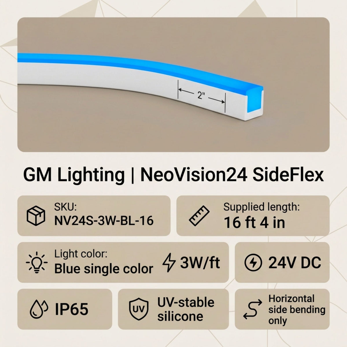 SideFlex neon linear light segment with blue glow line and white mounting channel.
