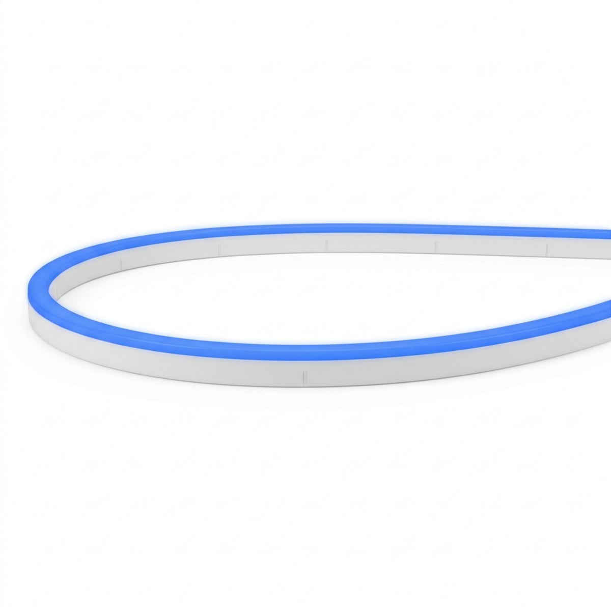 Blue linear neon LED light in white housing, curved loop shape