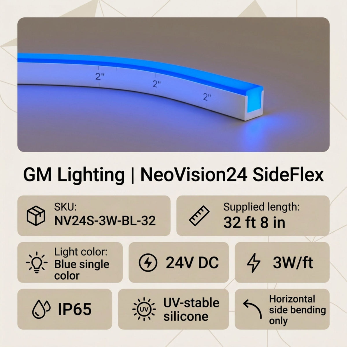 Blue side-bend linear LED light in white channel, low-profile rectangular housing