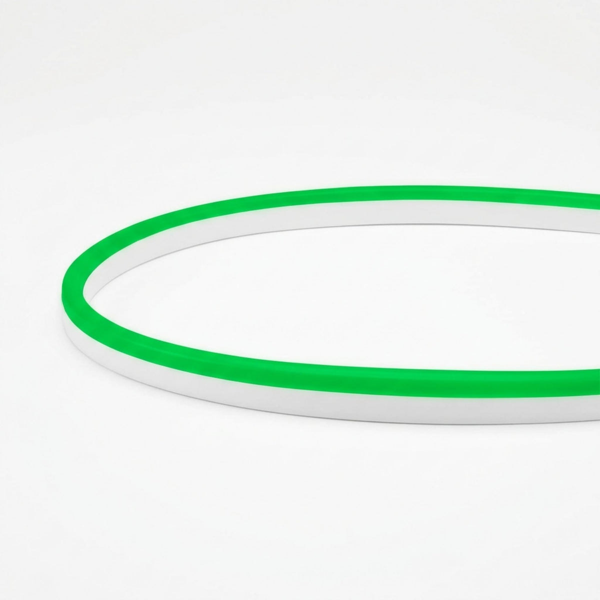 Green neon linear light with white housing, rounded edge and continuous glow