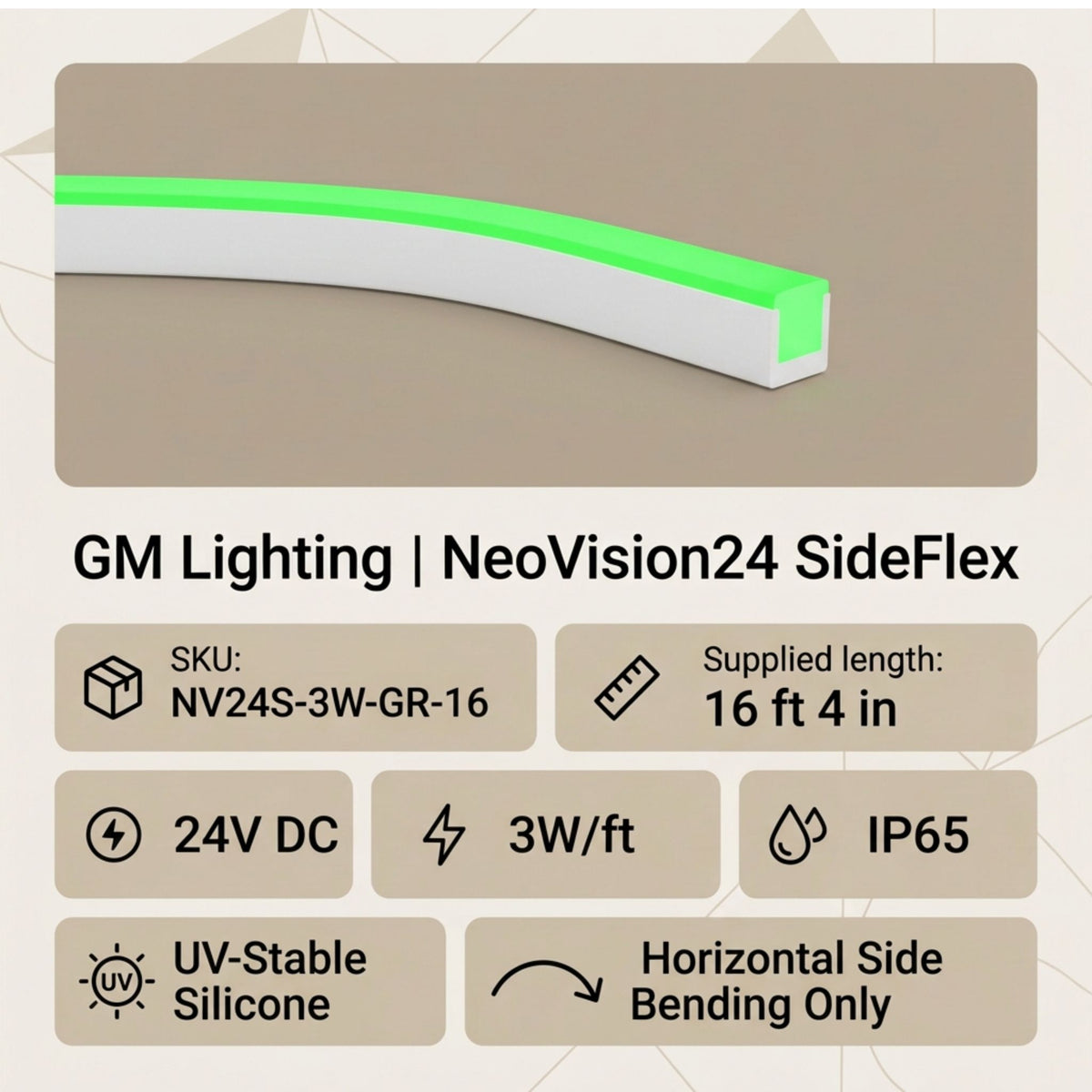 Green neon linear light bar with white side channel and low-profile housing