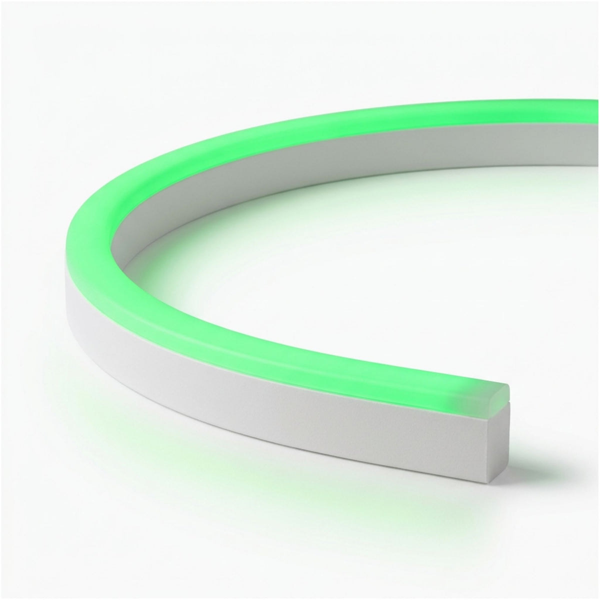 Side-bend neon linear light with green glow in white channel, curved section