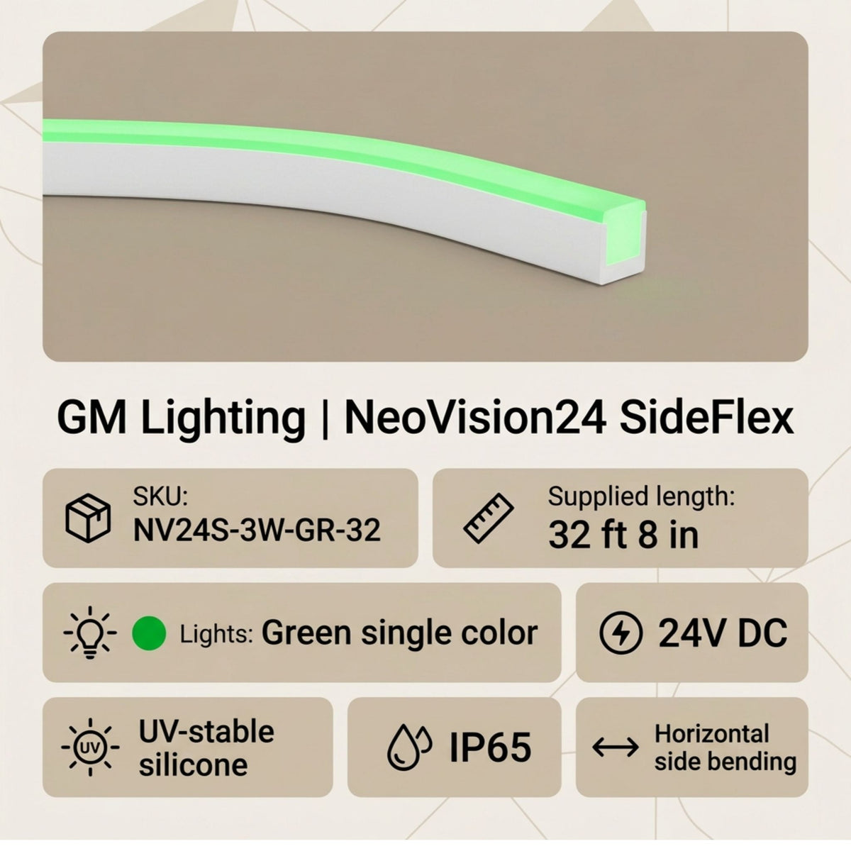 Side-bend neon linear light with green glow in a white channel housing