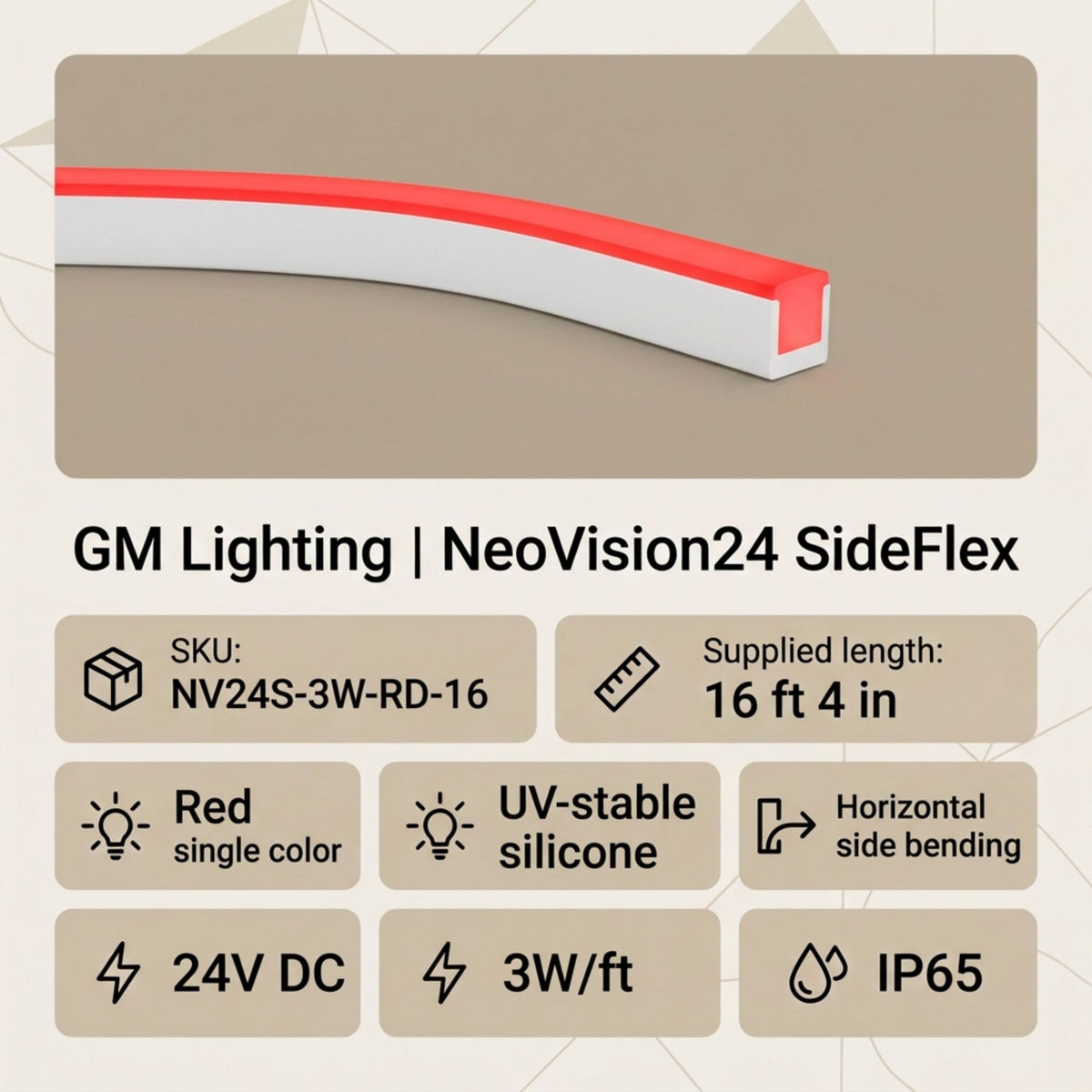 Red side-bending neon linear light in white channel, shown on spec card