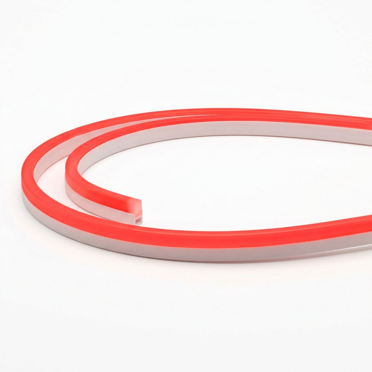 Red neon linear light strip with gray base channel, side-flex corner curve