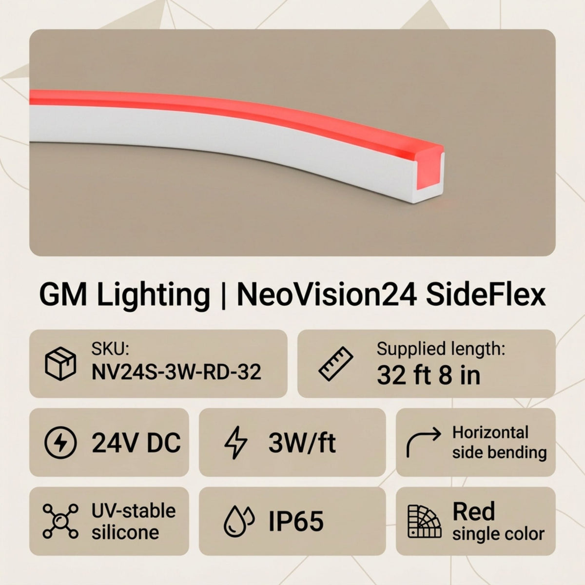 Red neon linear light strip in white housing profile, straight section with end