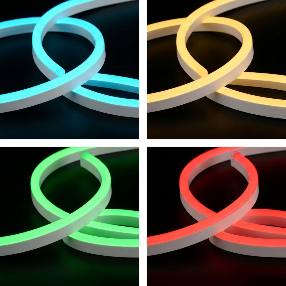 RGBW SideFlex neon linear light strip, cyan glow and white diffuser, loop bend