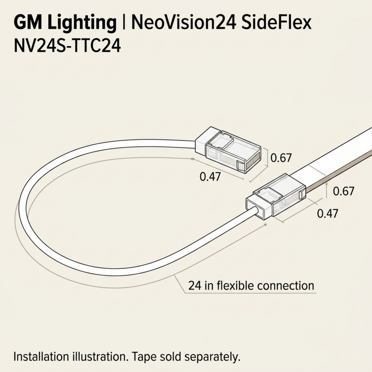 Diagram of 24 in SideFlex flexible tape-to-tape connector, end blocks and 0.47/0.67 in specs
