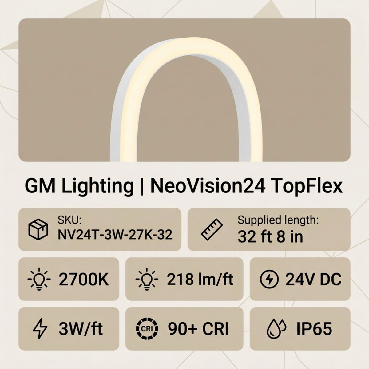 Warm-white neon linear light with curved top-bend, shown with product label panels