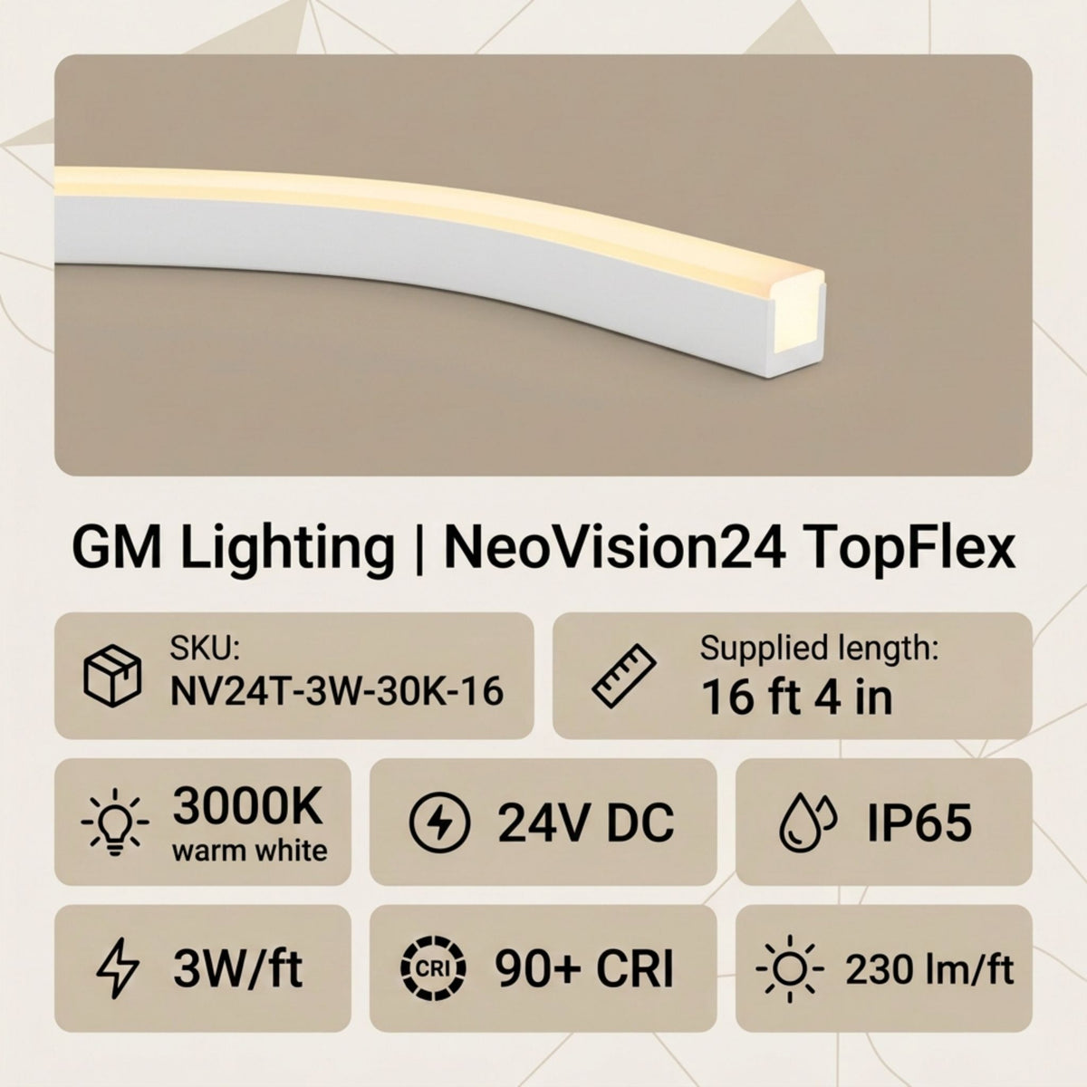 Rectangular LED linear light bar with warm white glow in straight channel