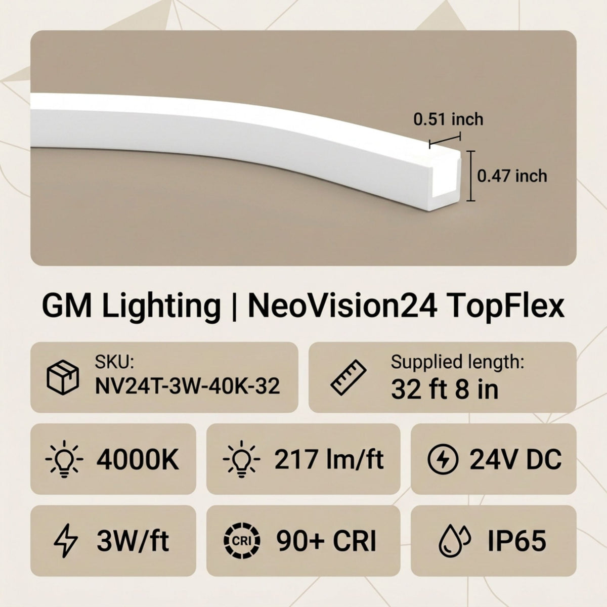 White TopFlex linear neon light strip with 0.51 in width and 0.47 in height
