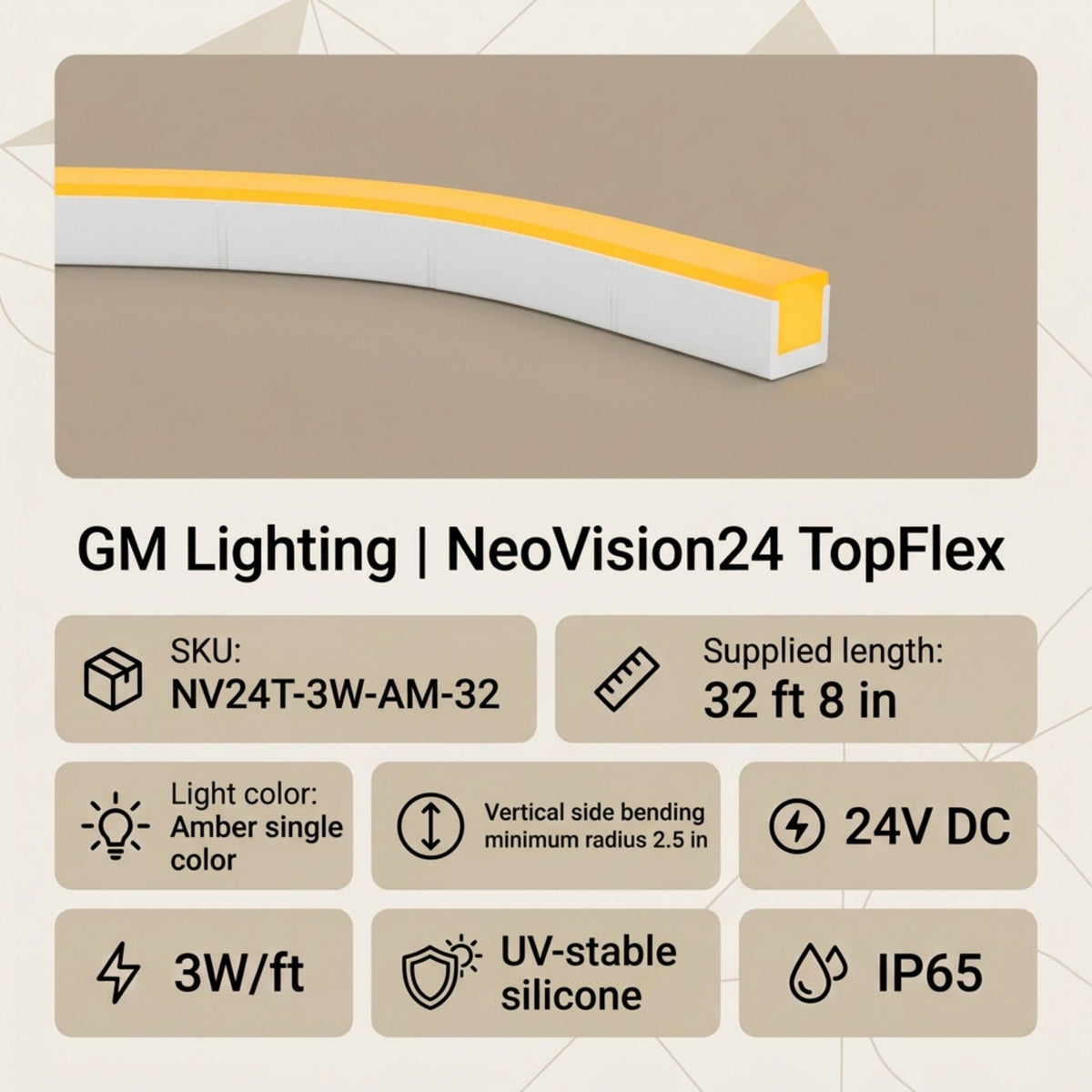 Amber NeoVision24 TopFlex linear LED light bar in white housing, product panel view