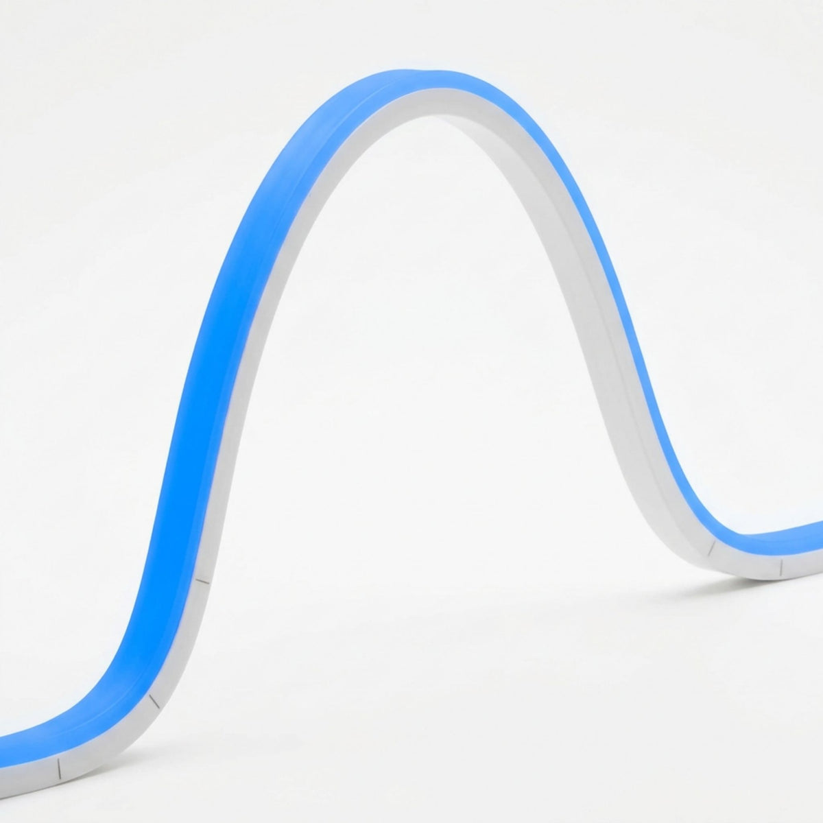 Blue neon linear light in white channel, top-bend curved profile corner
