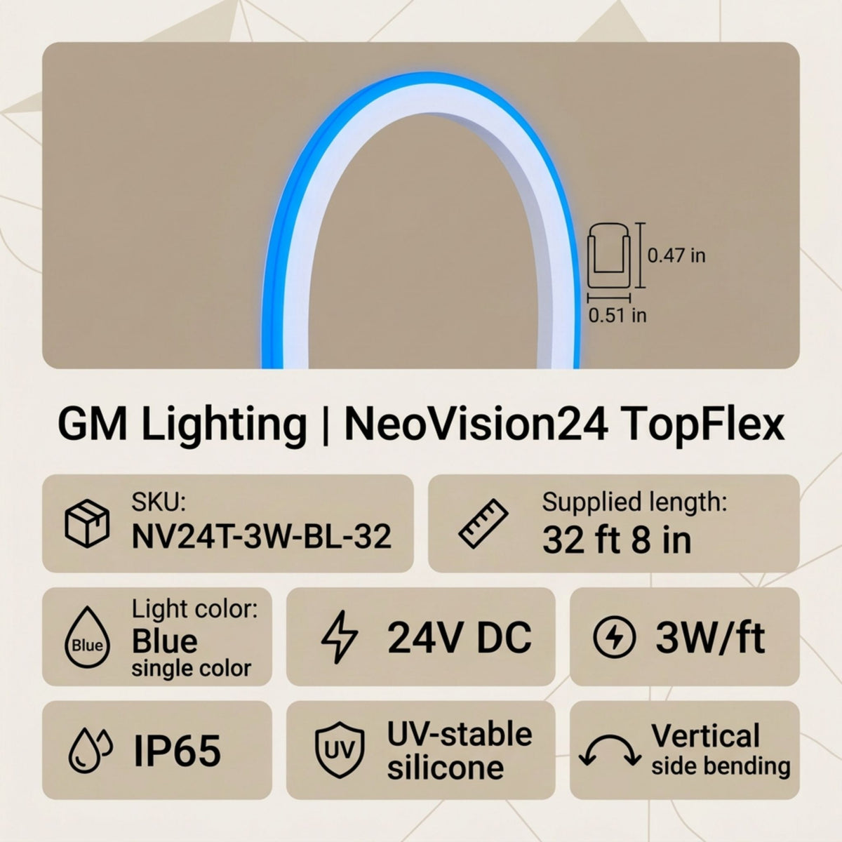 Blue neon light strip in white flexible channel, arched profile