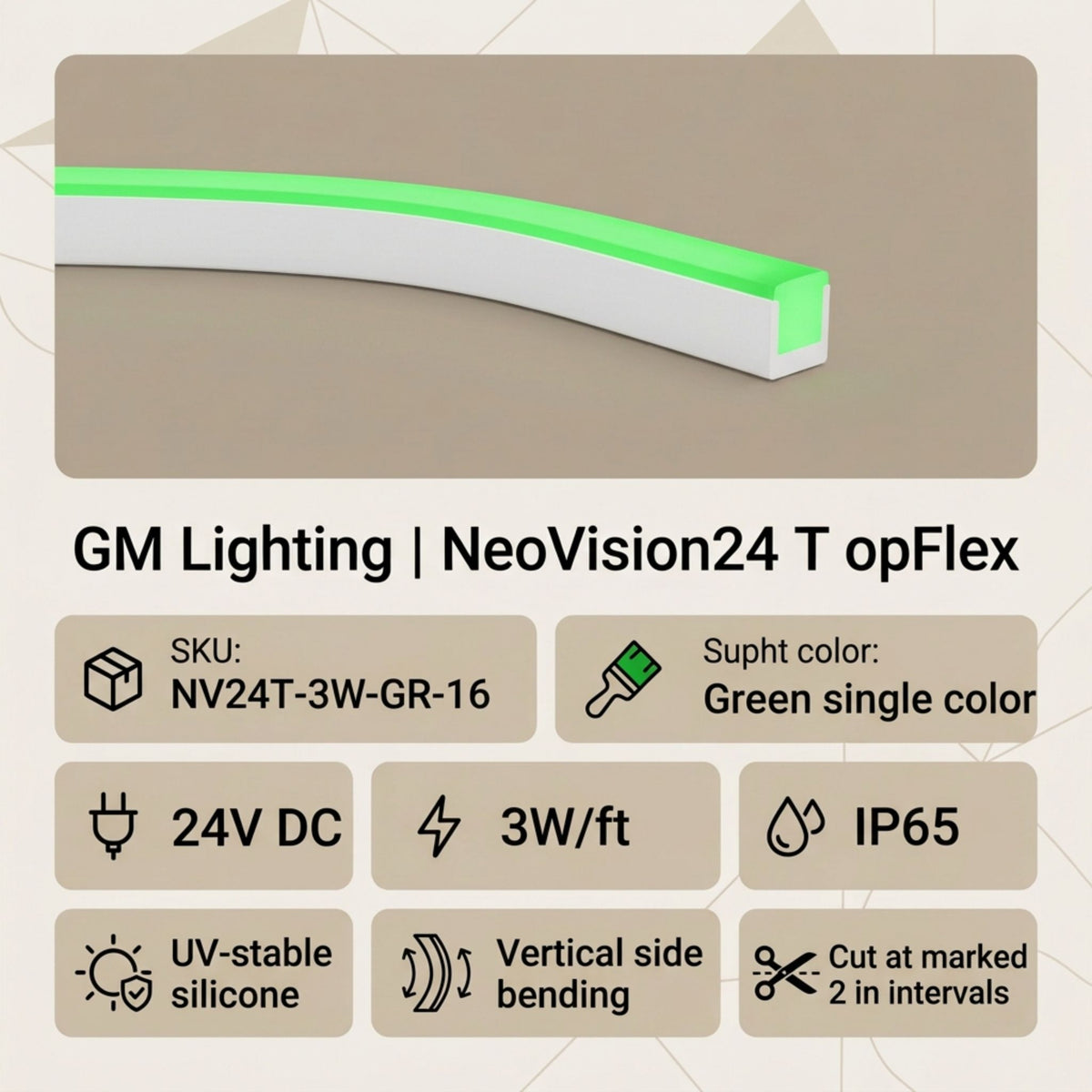 Green neon linear light bar with white housing and glowing edge
