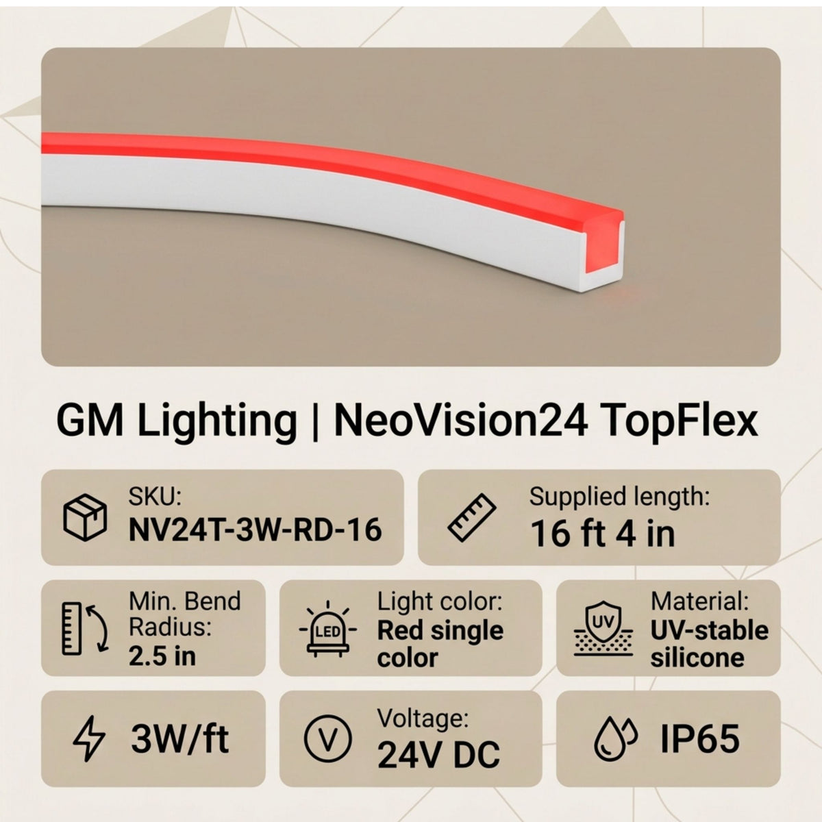 Red neon linear light strip with white extruded housing, shown from angled view