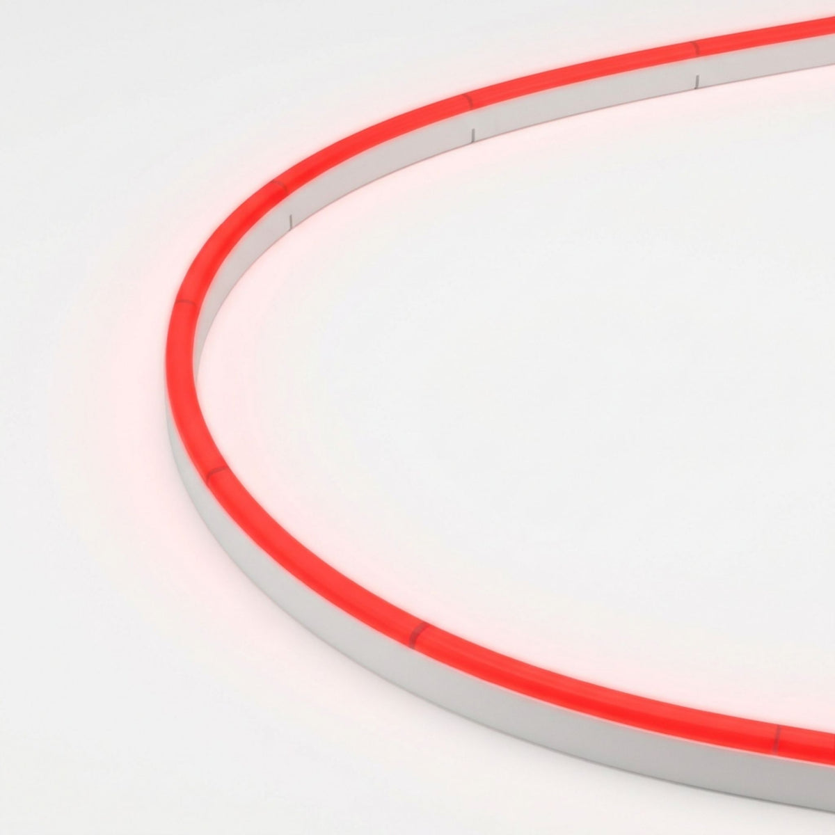 Red neon linear light strip in gray housing, curved close-up