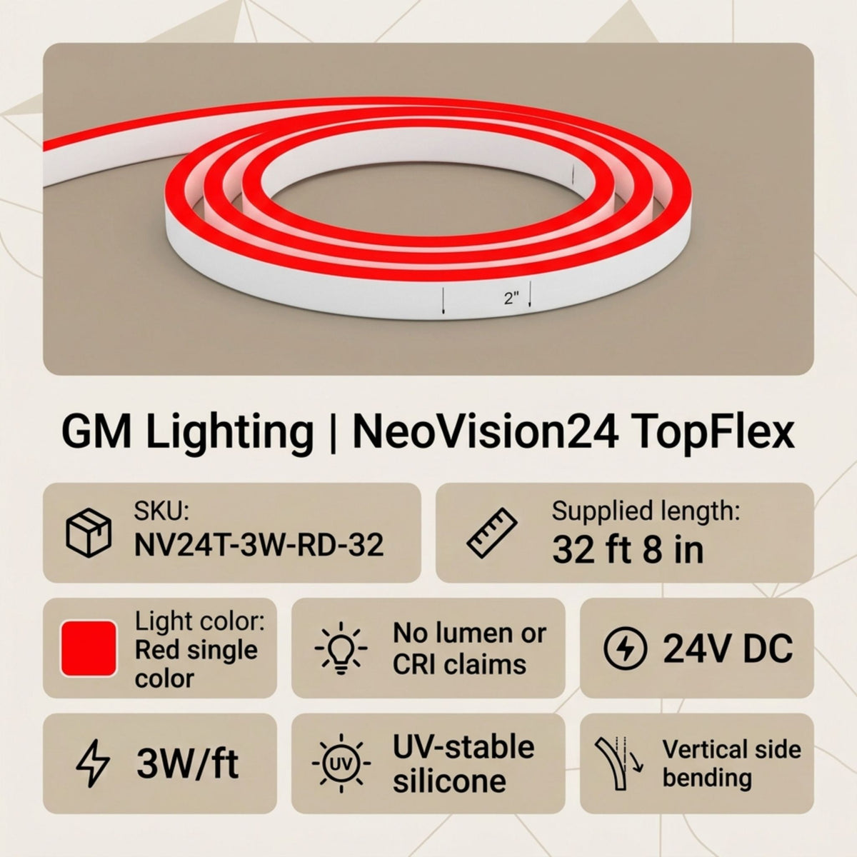 Red neon light strip in white/gray channel, circular coil view