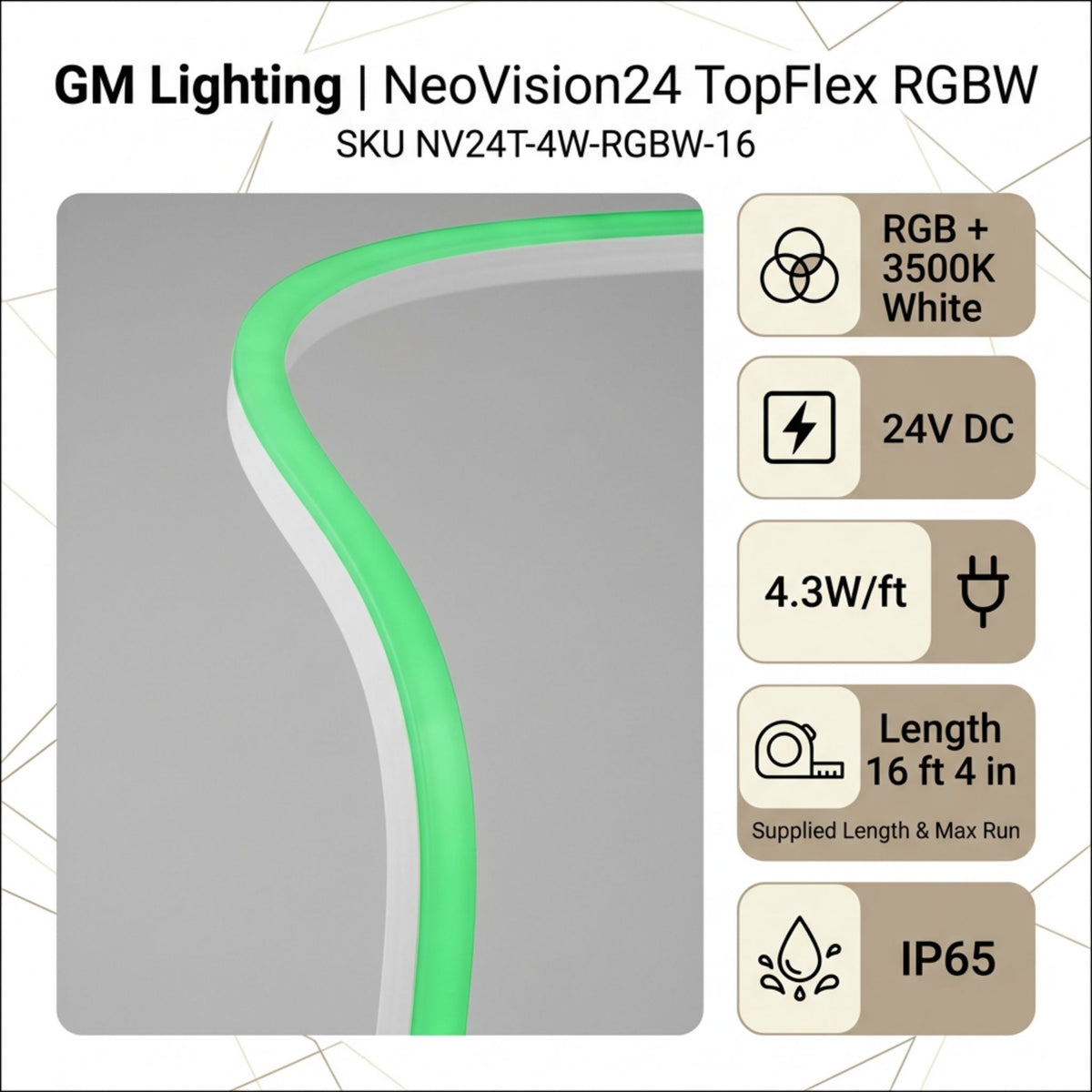 RGBW neon linear light strip product card with green glow and feature icons