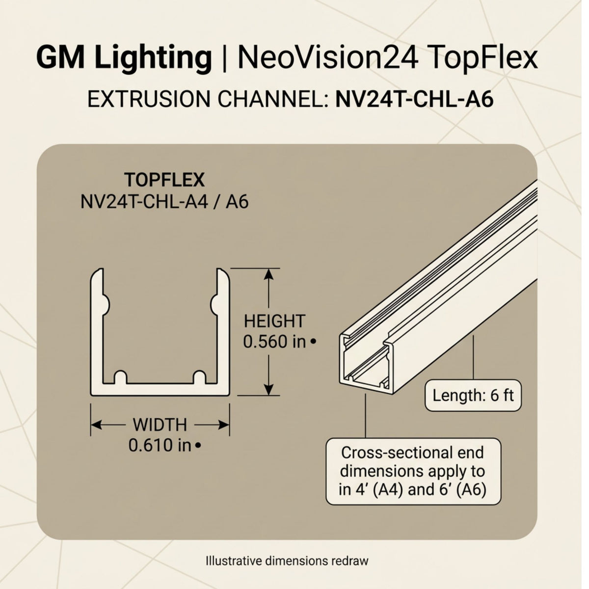 Aluminum channel cross-section diagram with height and width; length 6 ft