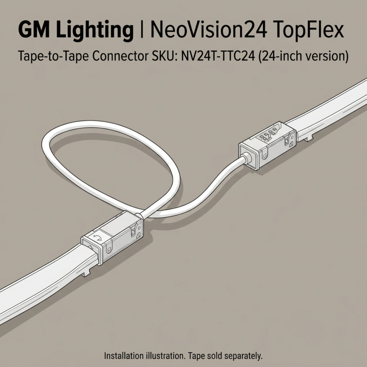 Tape-to-tape connector joining two flexible light tape sections with looped cable