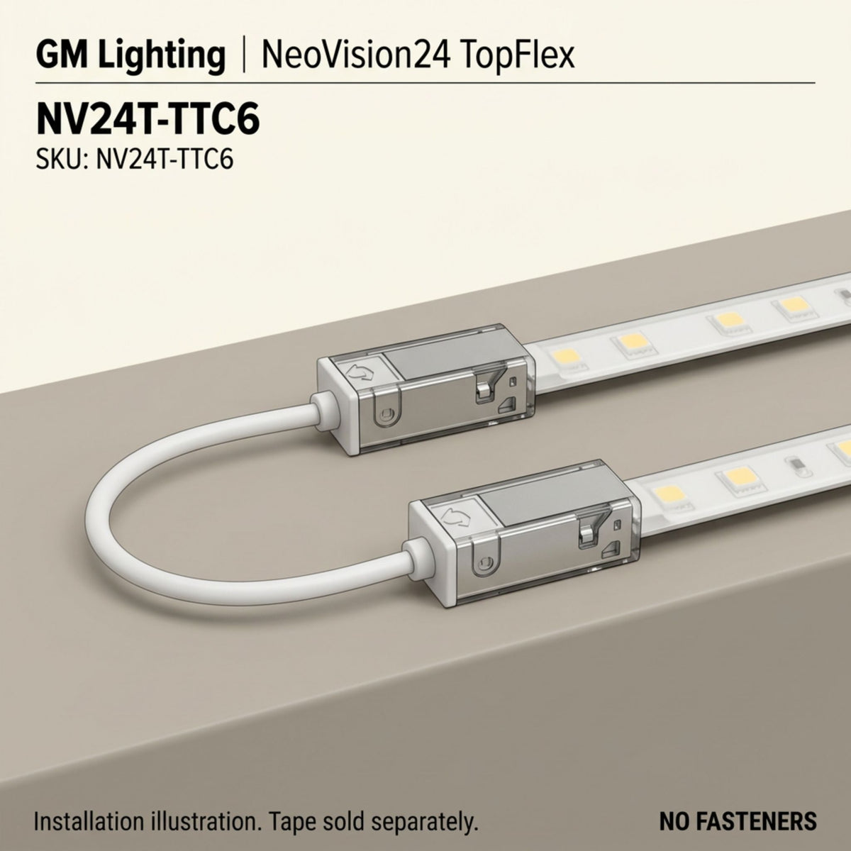 Two flexible LED tape-to-tape connectors linking light strips with white cable
