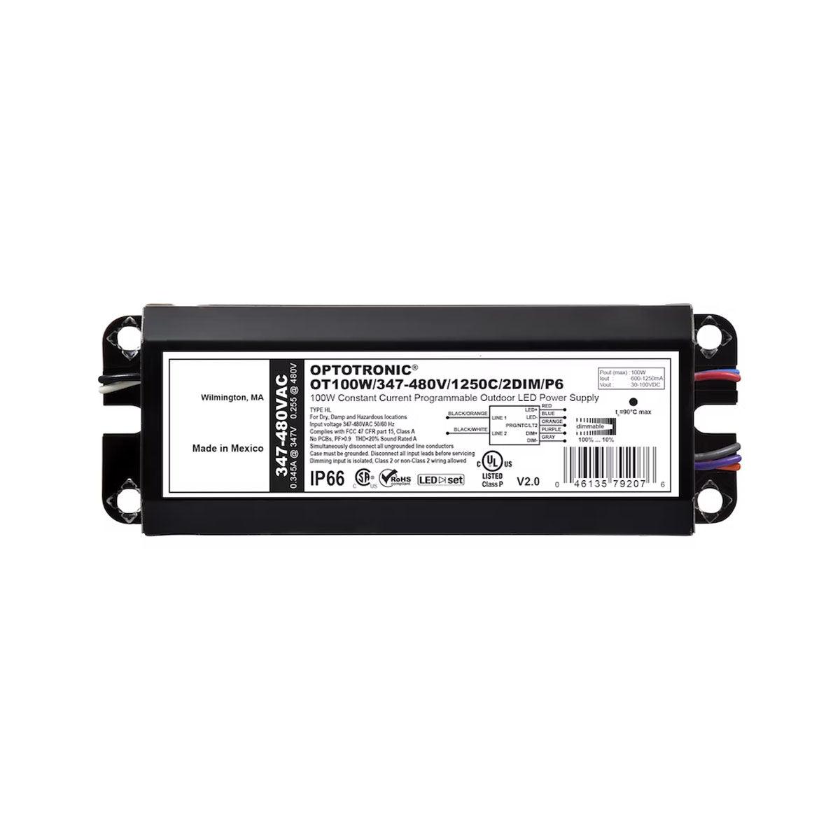 Optotronic, 100W, 600-1250mA Programmable Outdoor LED Driver, 0-10V Dimming, 347-480V Input