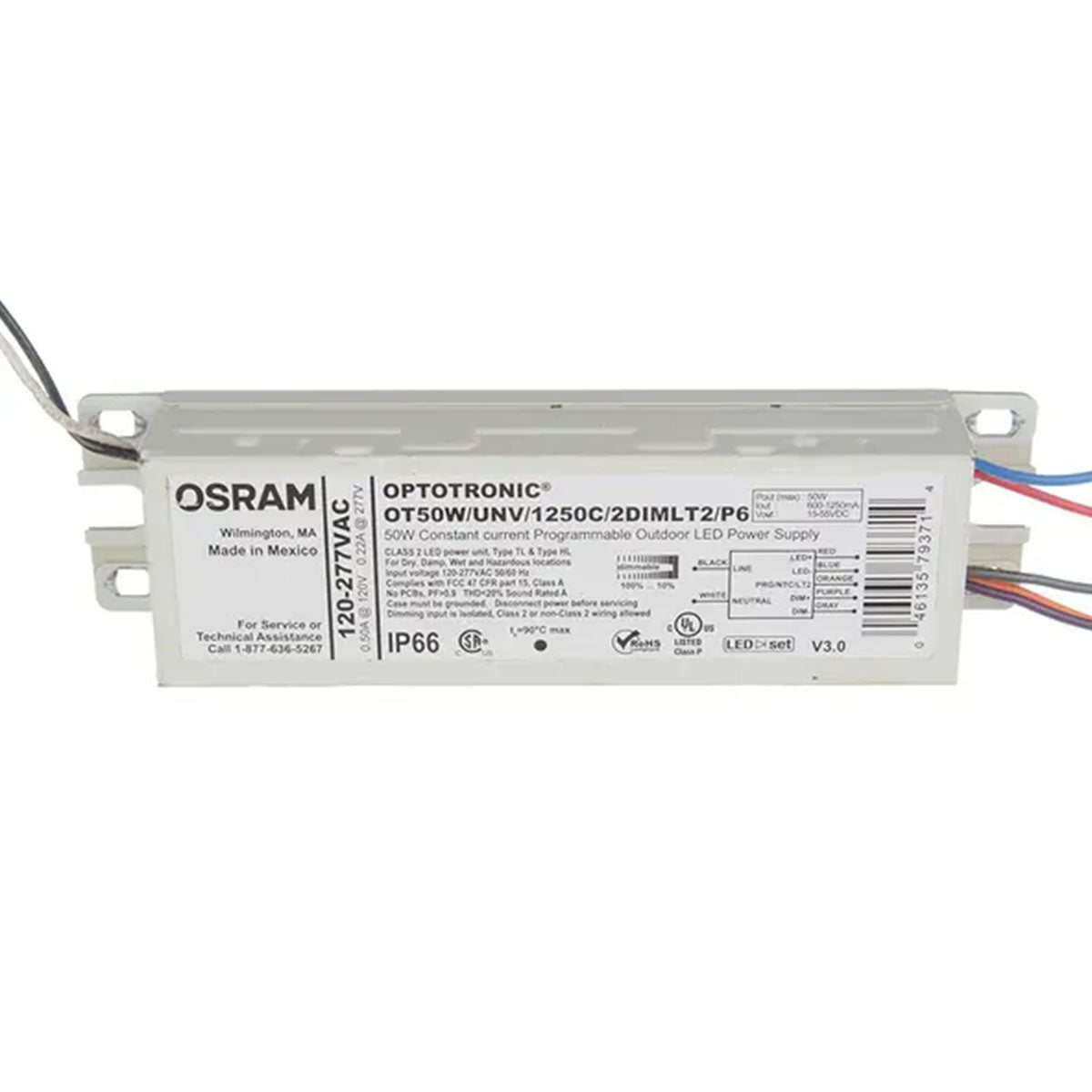Optotronic, 50W, 600-1250mA Programmable Outdoor LED Driver, 0-10V Dimming, 120-277V Input