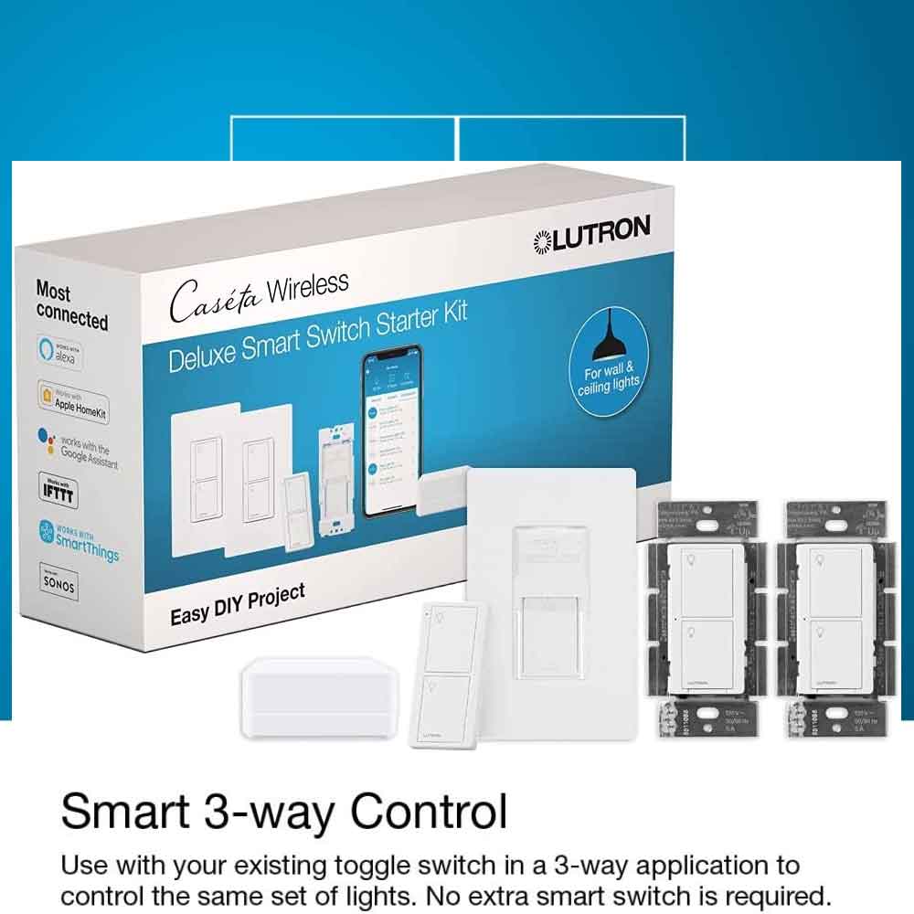 Caseta Wireless Deluxe Smart Light Switch Starter Kit with Smart Bridge, 2 Smart Light Switches, Pico Remote and Wall Plate - Bees Lighting