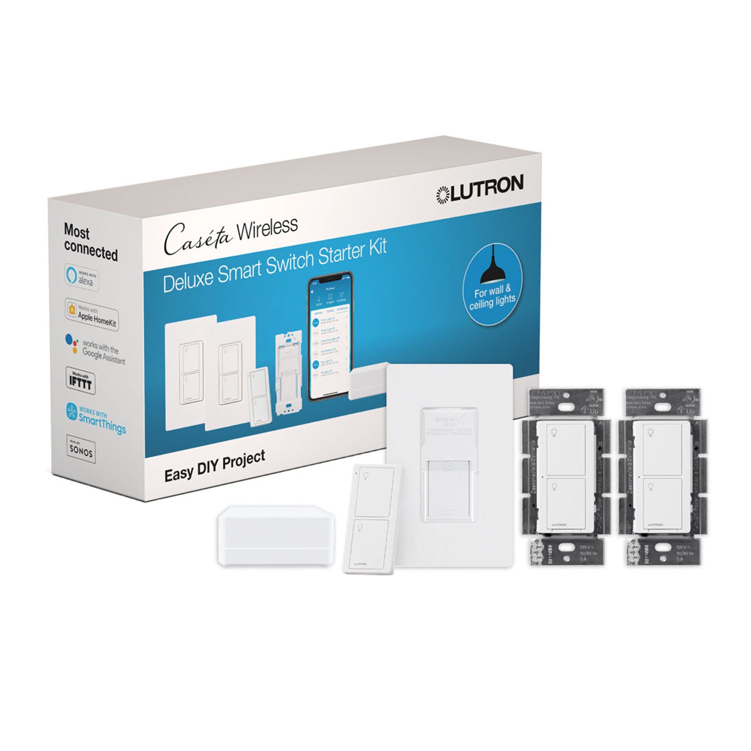 Caseta Wireless Deluxe Smart Switch Starter Kit with Smart Bridge, 2 Smart Switches, Pico Remotes and Wall Plates - Bees Lighting