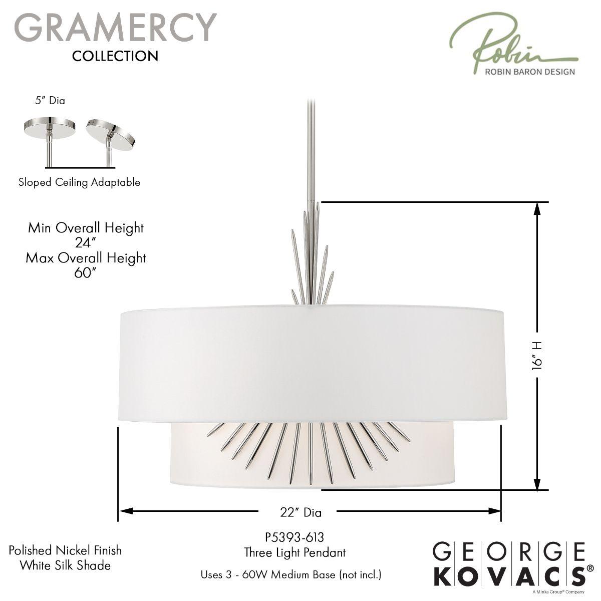 Gramercy 22 in. 3 Lights Pendant Light Polished Nickel finish