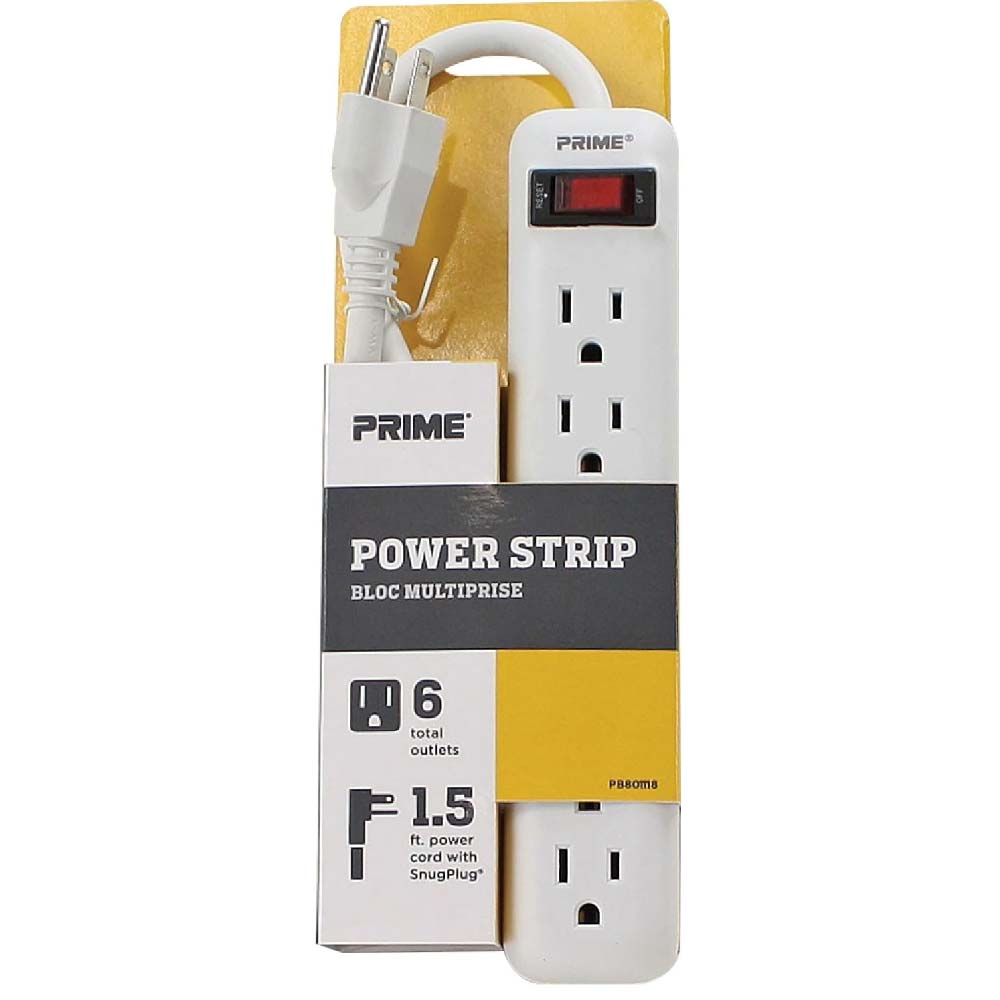 6-Outlet Power Strip w/1.5ft Cord 14/3 Wire Gauge 1875 Watts White