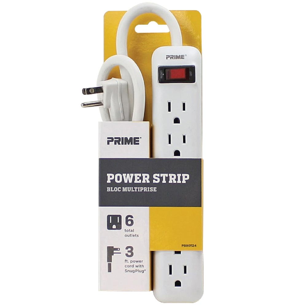 6-Outlet Power Strip w/3ft Cord 14/3 Wire Gauge 1875 Watts White