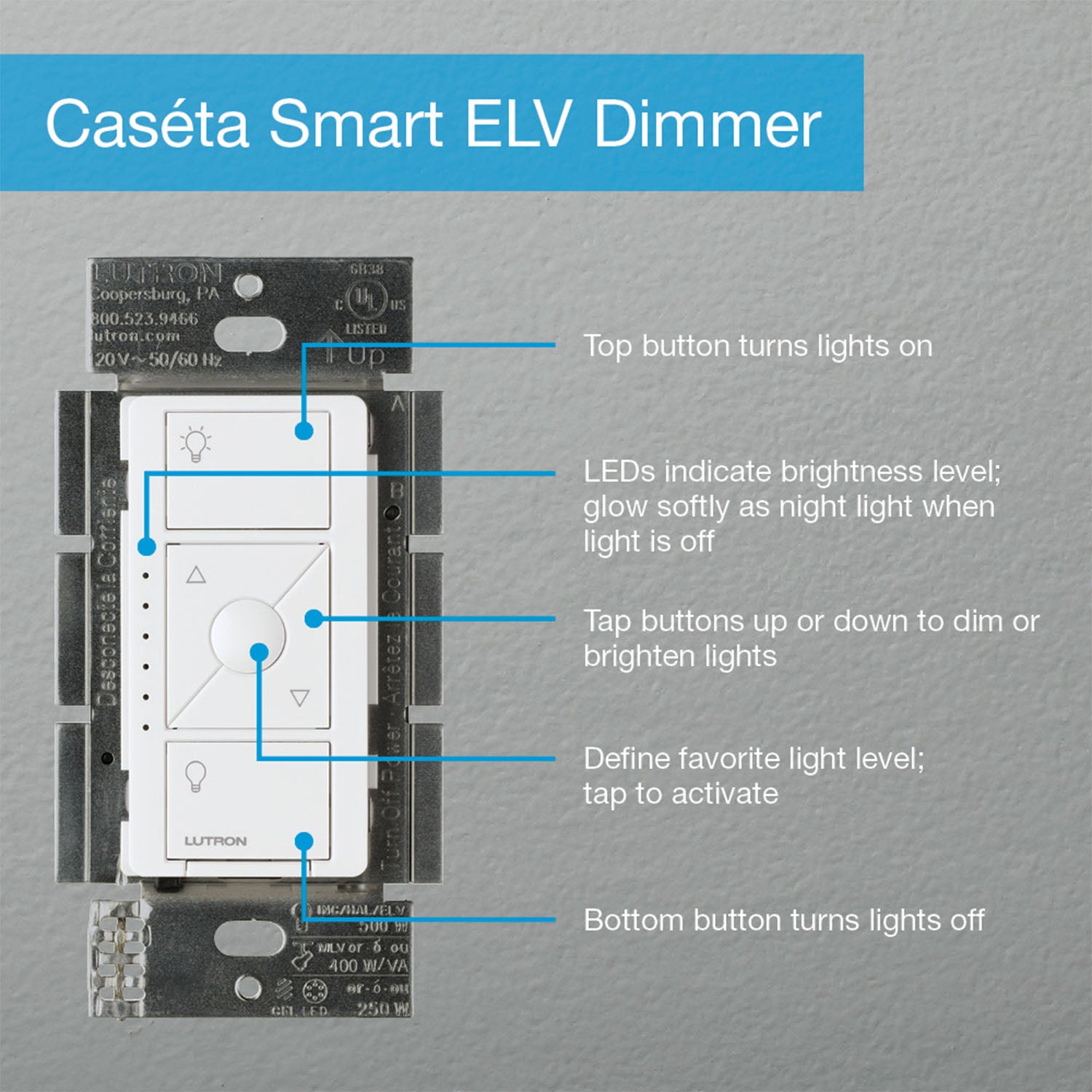 Caseta Wireless Smart Dimmer Switch, 500W ELV/250W LED, 3-Way/Multi-Location, Neutral Required, Light Almond - Bees Lighting