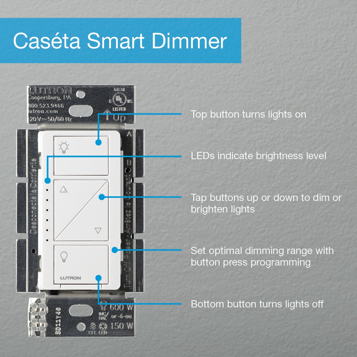Caseta Wireless Smart LED Dimmer Switch, 150-Watt LED, 3-Way/Multi-Location, Black - Bees Lighting