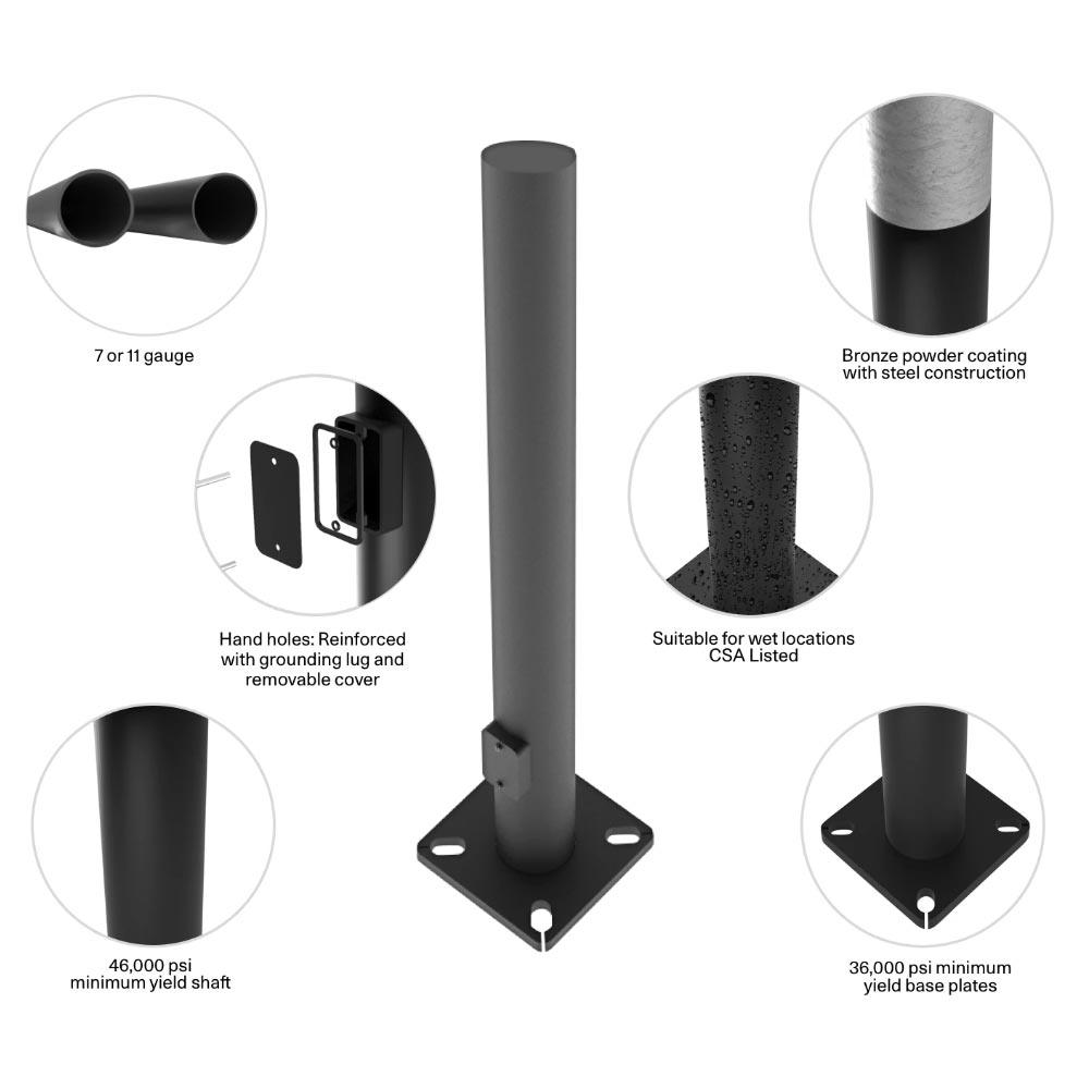 20 ft Light Pole With Base, 6 in Tapered Round Shaft, 11 Gauge Thickness, Drilled Tenon, Bronze Finish - Bees Lighting