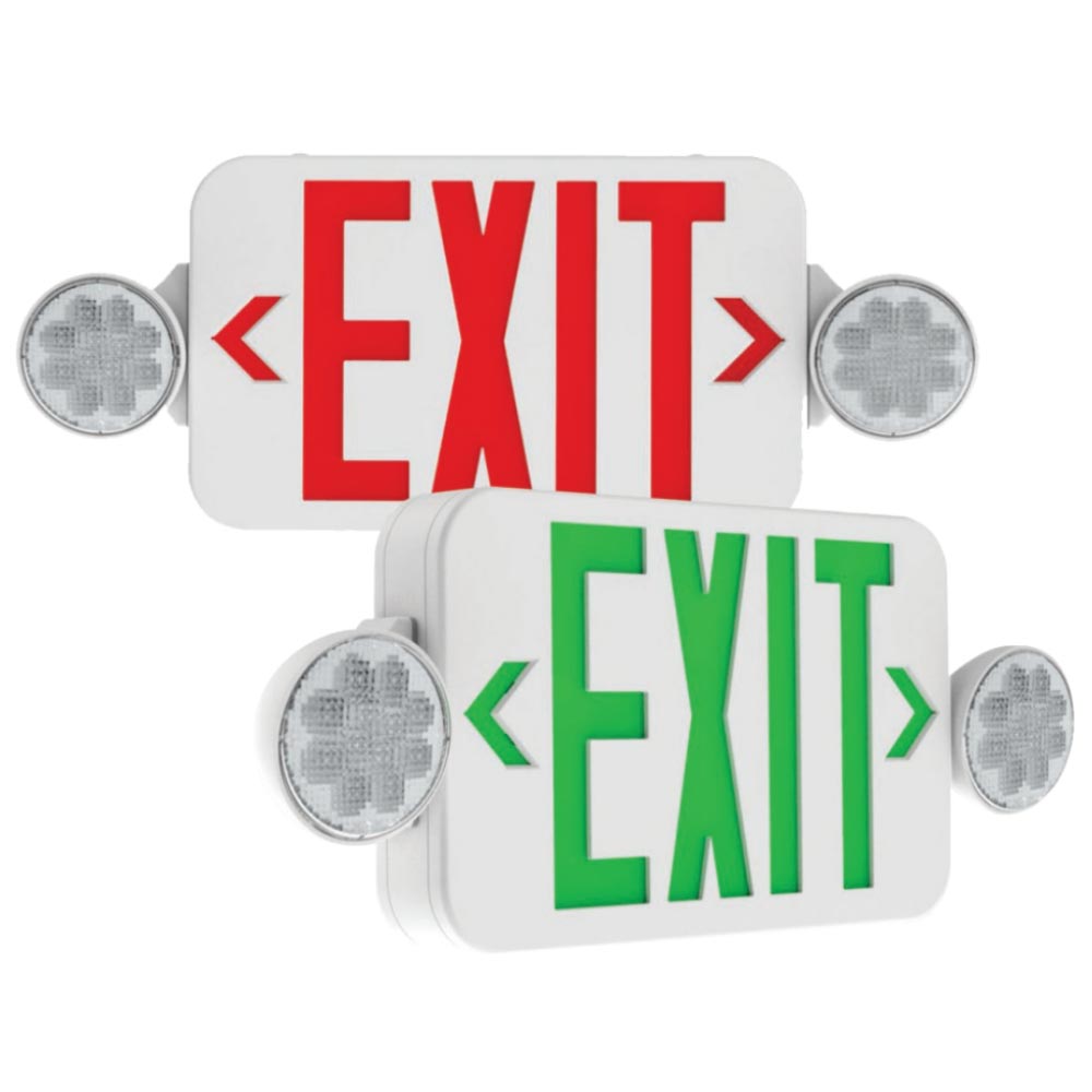 LED Combo Exit Sign, Universal Face with Red/Green Letters, White Finish, Battery Backup Included