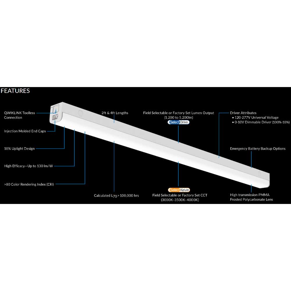 1,200-2,600 Lumens 2ft LED Strip Light Fixture 9-19 Watts 30K/35K/40K 120-277V