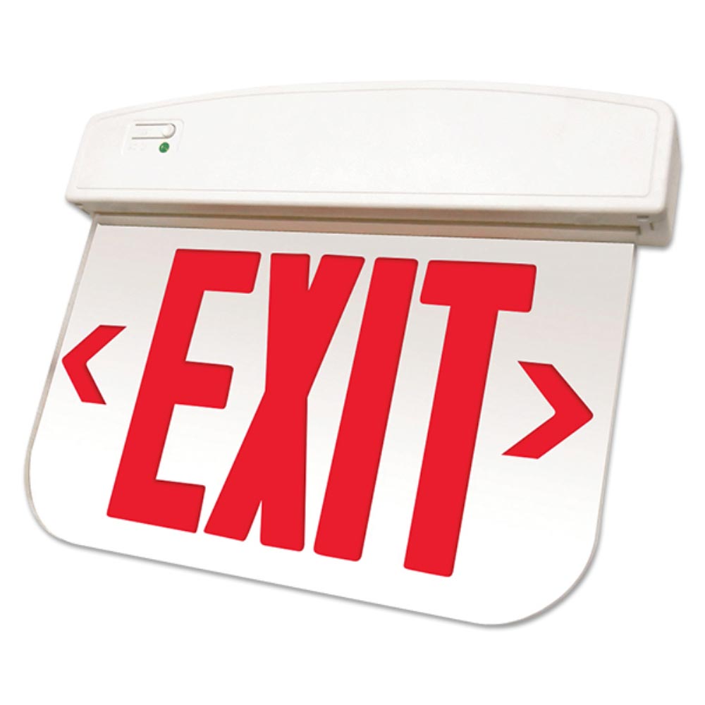 Edge-Lit LED Exit Sign, Single Face with Red Letters, Clear Panel Finish, Battery Backup Included