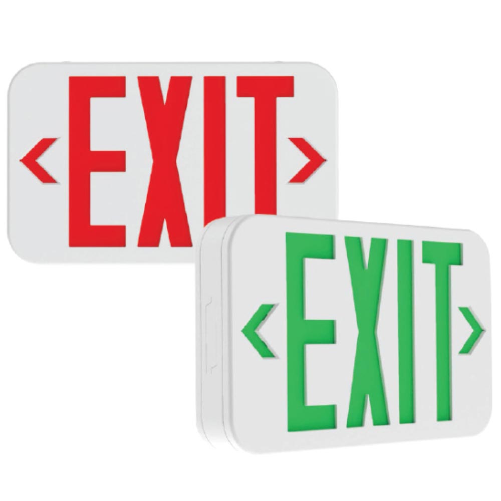 LED Exit Sign, Universal Face with Red/Green Letters, White Finish, Battery Backup Included
