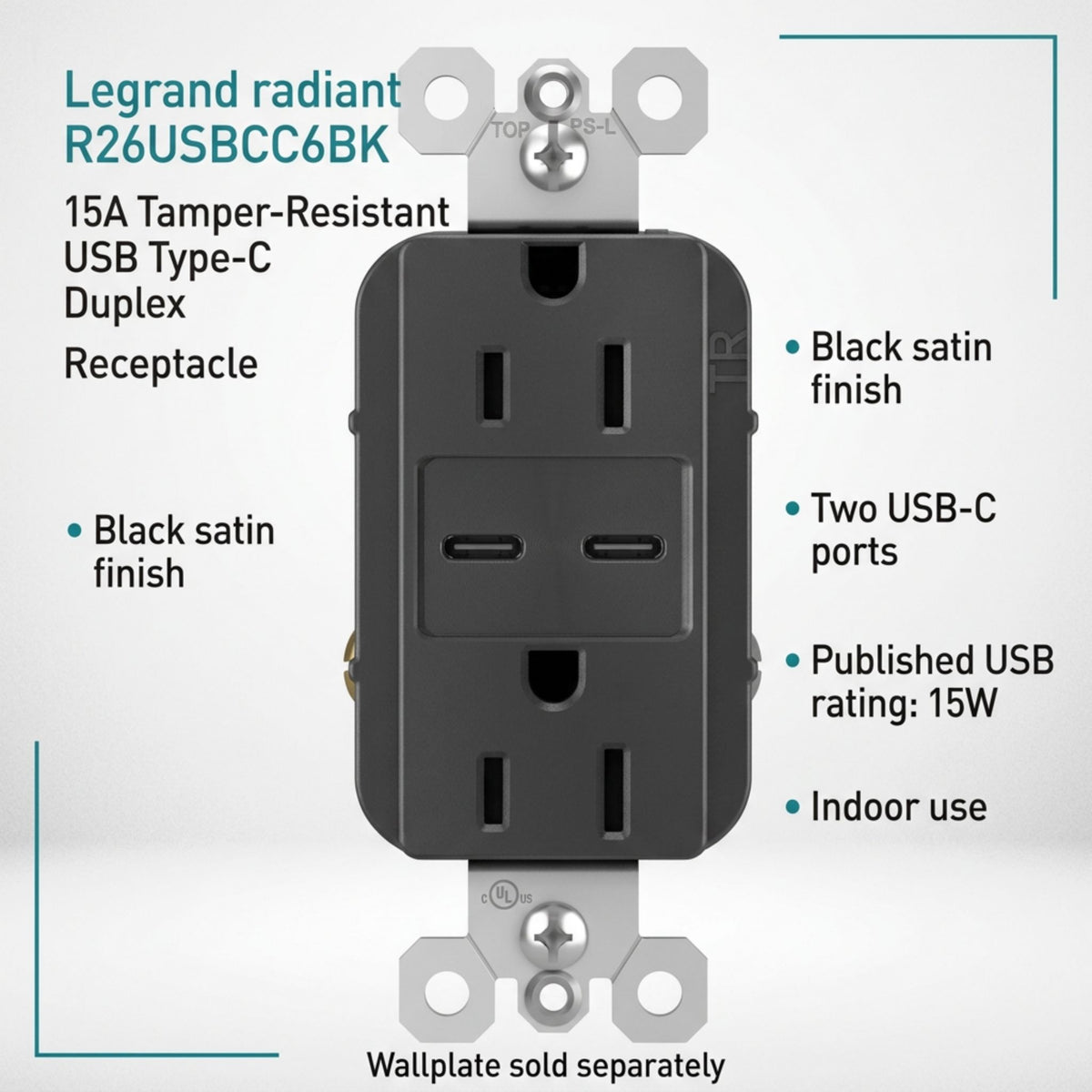 Legrand R26USBCC6BK radiant 15A Tamper-Resistant USB Type-C Duplex Receptacle, Black