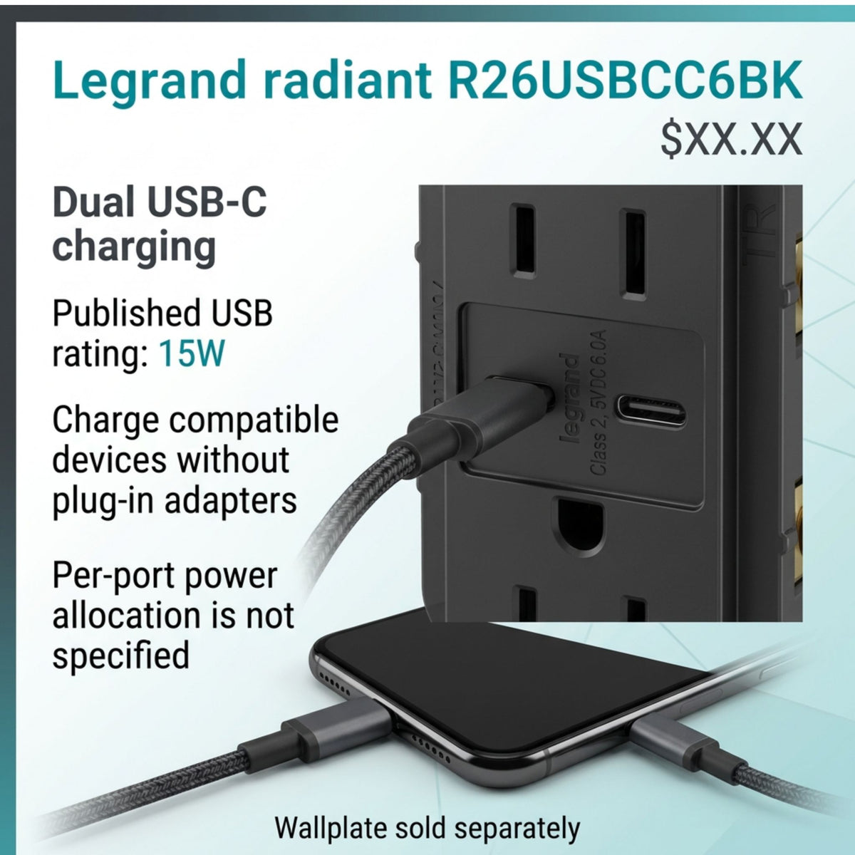 Legrand R26USBCC6BK radiant 15A Tamper-Resistant USB Type-C Duplex Receptacle, Black