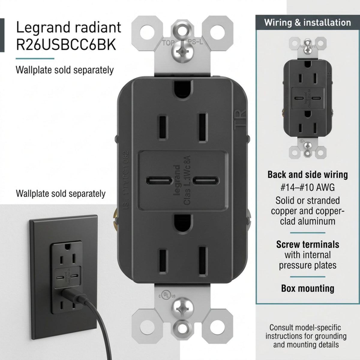 Legrand R26USBCC6BK radiant 15A Tamper-Resistant USB Type-C Duplex Receptacle, Black